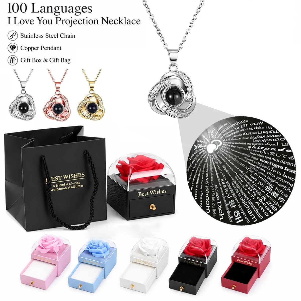 100 Languages Projection Clover Pendant Necklaces With Rose Gift Box For Women Mother Christmas Valentine Birthday Jewelry