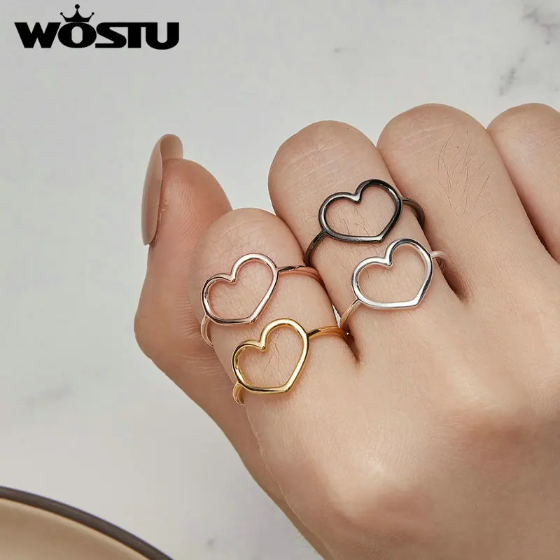 WOSTU Original 925 Sterling Silver Heart Joint Ring Colored Finger Ring Round with Zircon For Women Party Daily Jewelry Gift