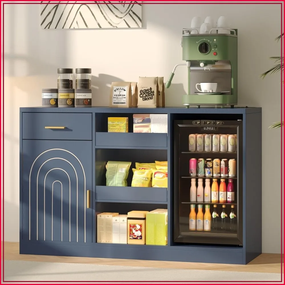 snack bar cabinet mini fridge space, storage drawer, power outlets, LED lights