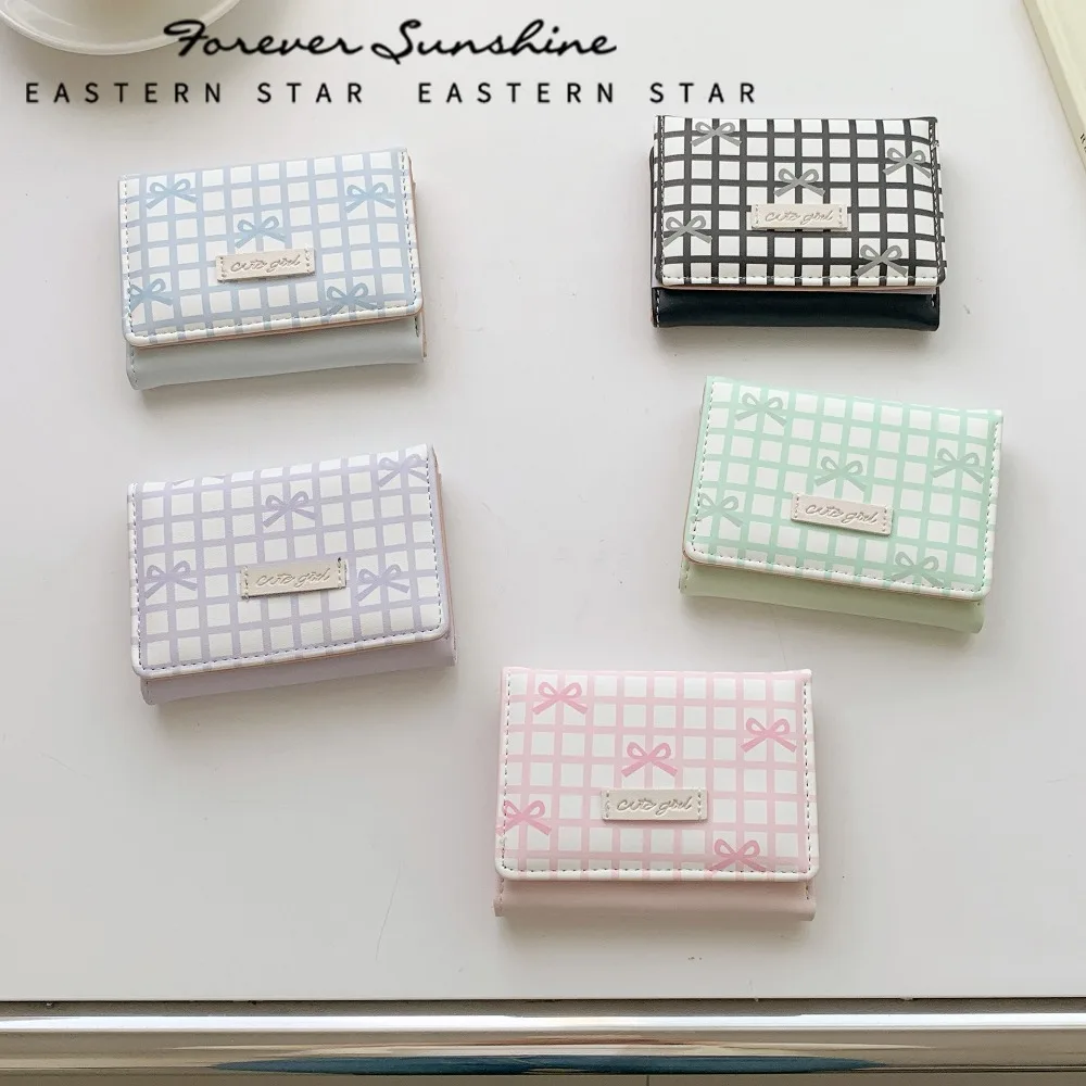 

Simple PU Leather Women's Wallets Bowknot Stripe Large Capacity Short Wallet Waterproof Three Fold Coin Purse for Women Girls