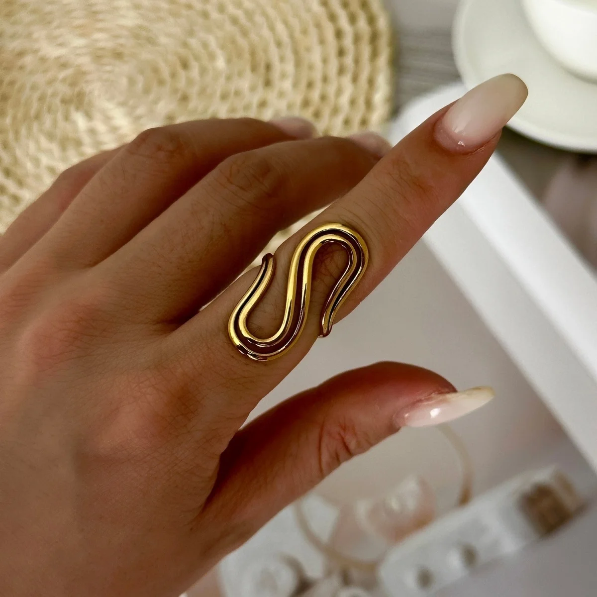 Hohle, doppelte Kreisringe aus Edelstahl mit Blattmuster und Imitationsperlen, S-förmige Ringe für Damen und Herren, Punk-Geometrie, stapelbare Ringe, Schmuck. – Detail 11