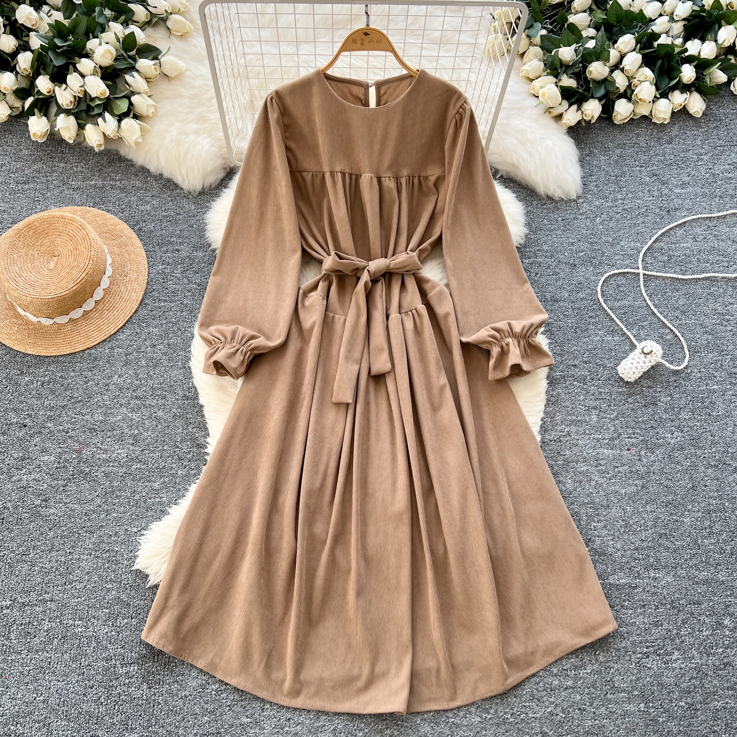 Elegant Long Sleeves Vintage O-neck Bandage Slim Corduroy A-line Long Dresses French Evening High Street Autumn Winter Clothing