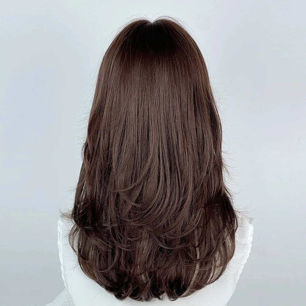 Brown Synthetic Long Wavy Layered Wigs with Bangs Anime Game Cosplay Fluffy Women Heat Resistant Wig for Daily Party