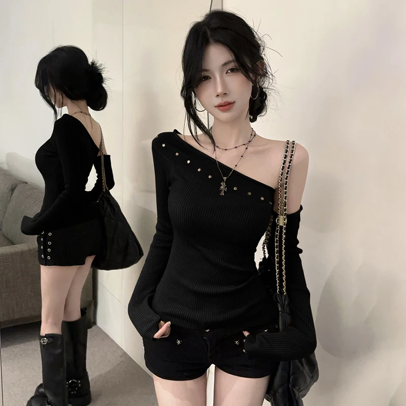 Rivet Off Shoulder Sweaters For Women Sexy Pullovers Asymmetric Knitted Tops