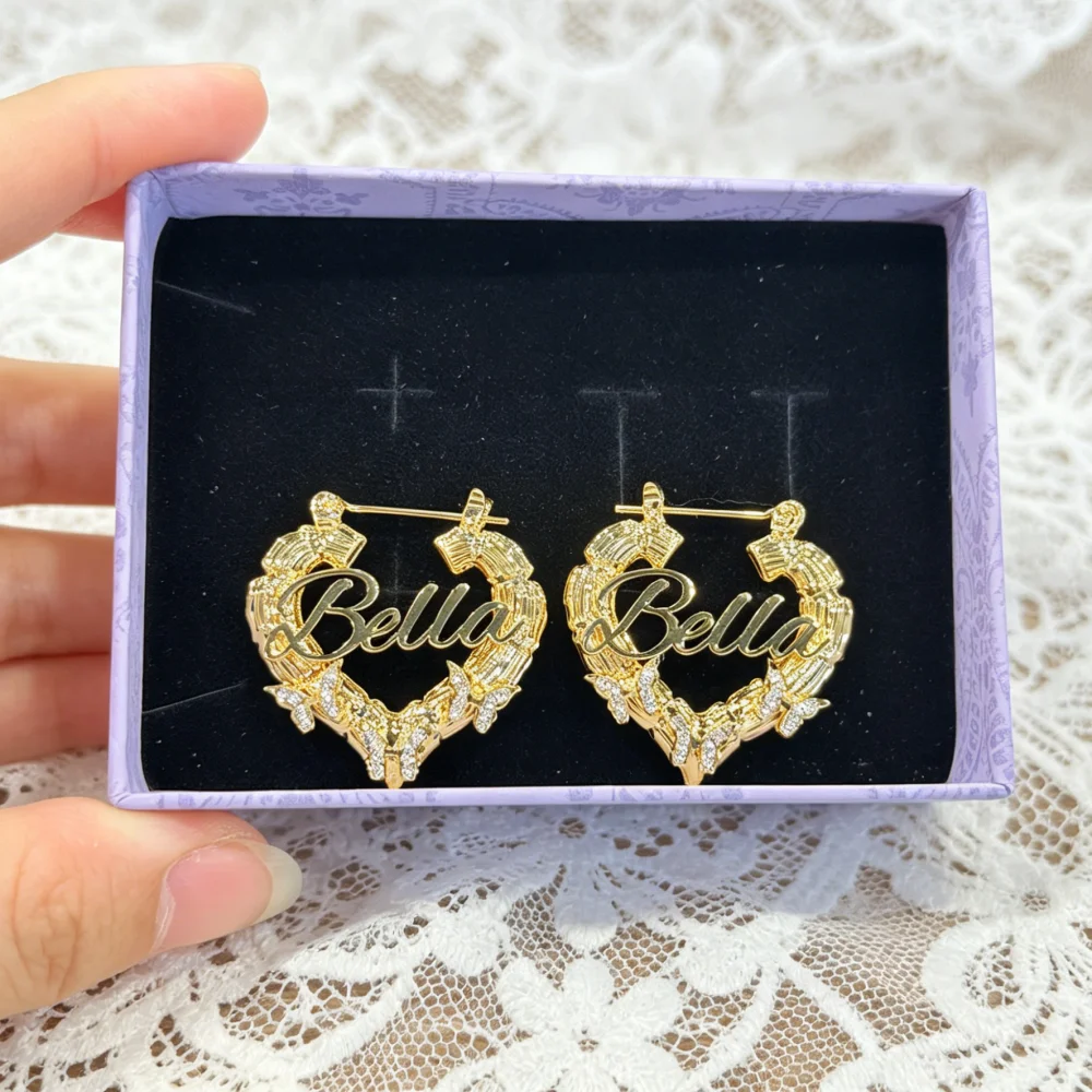 DUOYING Sparkling Butterfly Bamboo Hoops Customized Name Stainless Steel Birthstone Nameplate Jewelry
