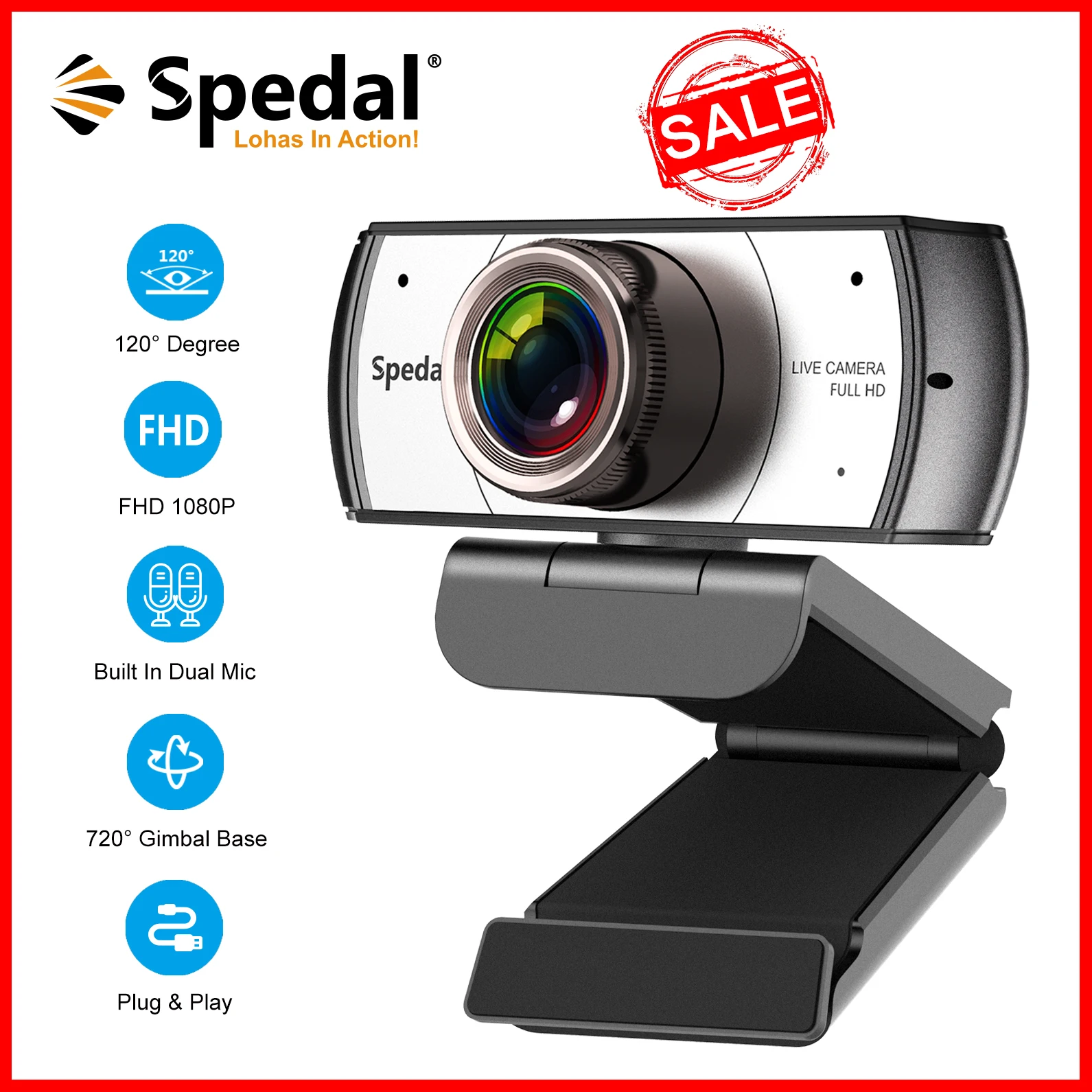 كاميرا ويب Spedal 920Pro Hd 1080P MF 30fps USB مع ميكروفون لاجتماعات الكمبيوتر وكاميرا الويب Windows Mac Linux