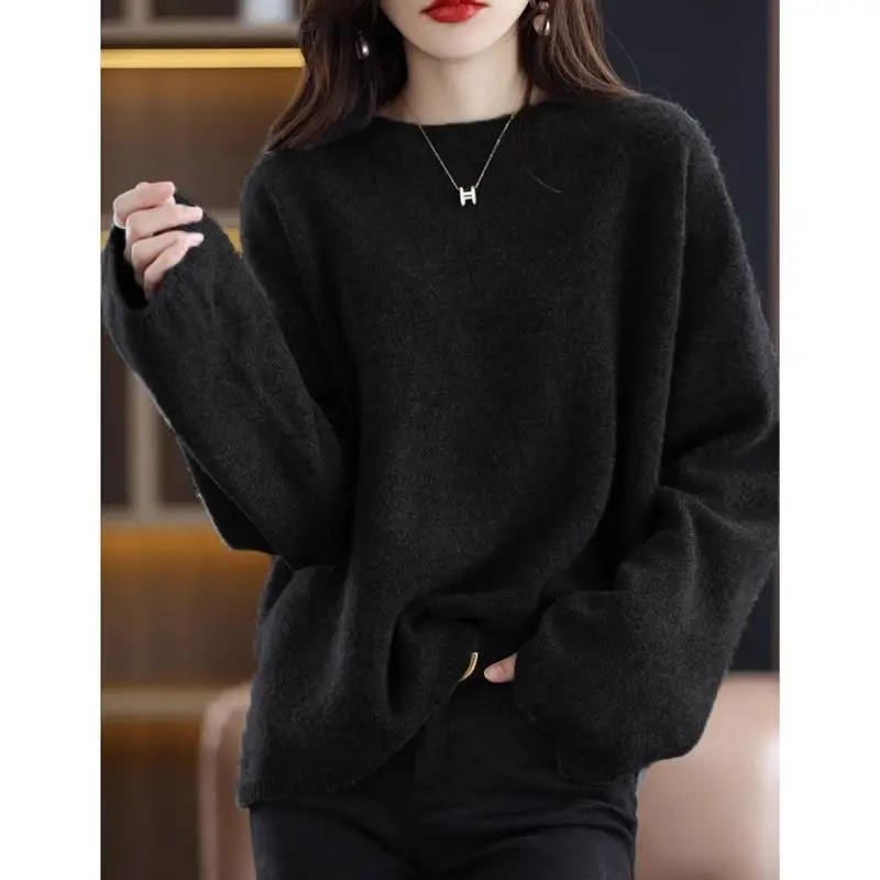 Sweter lengan panjang leher bulat wanita, atasan pullover warna polos kasual jalanan tinggi modis musim semi musim gugur