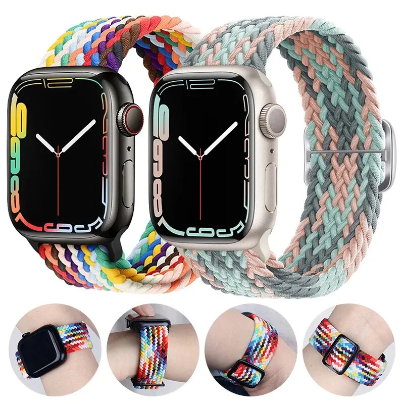 Gelang jam tangan Apple, lingkaran tunggal kepang untuk Apple Watch, 44mm, 40mm, 49mm, 45mm, 41mm, 38mm, elastis, gelang nilon, IWatch seri 8 3 SE 6 7, tali Ultra