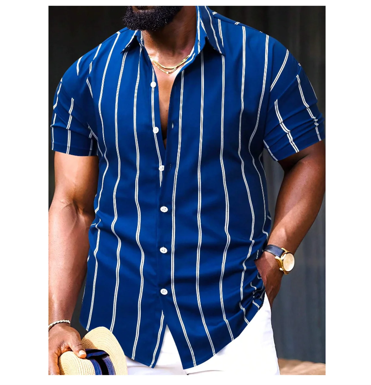 Camisa de lapela masculina havaiana de manga curta listrada, moda verão, roupa confortável de alta qualidade, rua, 2024