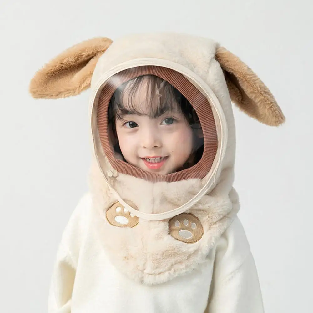 

Windproof One-Piece Headgear Hat Winter Children Hat with Clear Face Guard Cartoon Bear Ear Shape Thickened Plush Hat Scarf