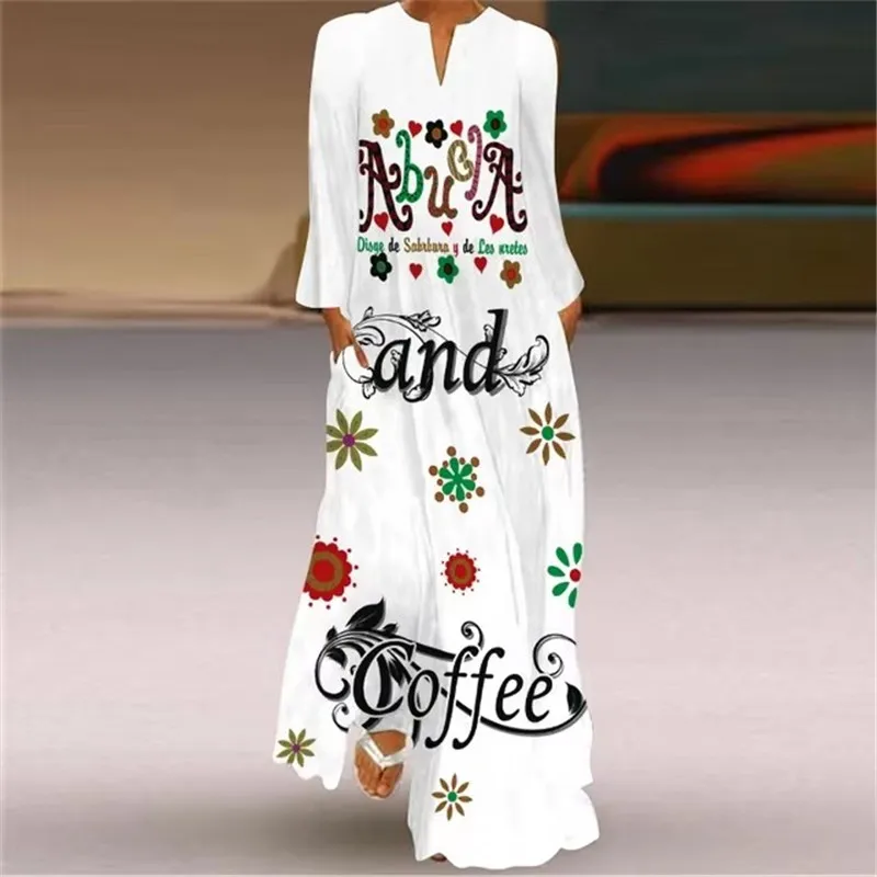 White Printed Long Dress Women Autumn Pocket Sexy V-neck Long Sleeve Loose Dresses For Women Valentine's Day Party Flower Dress