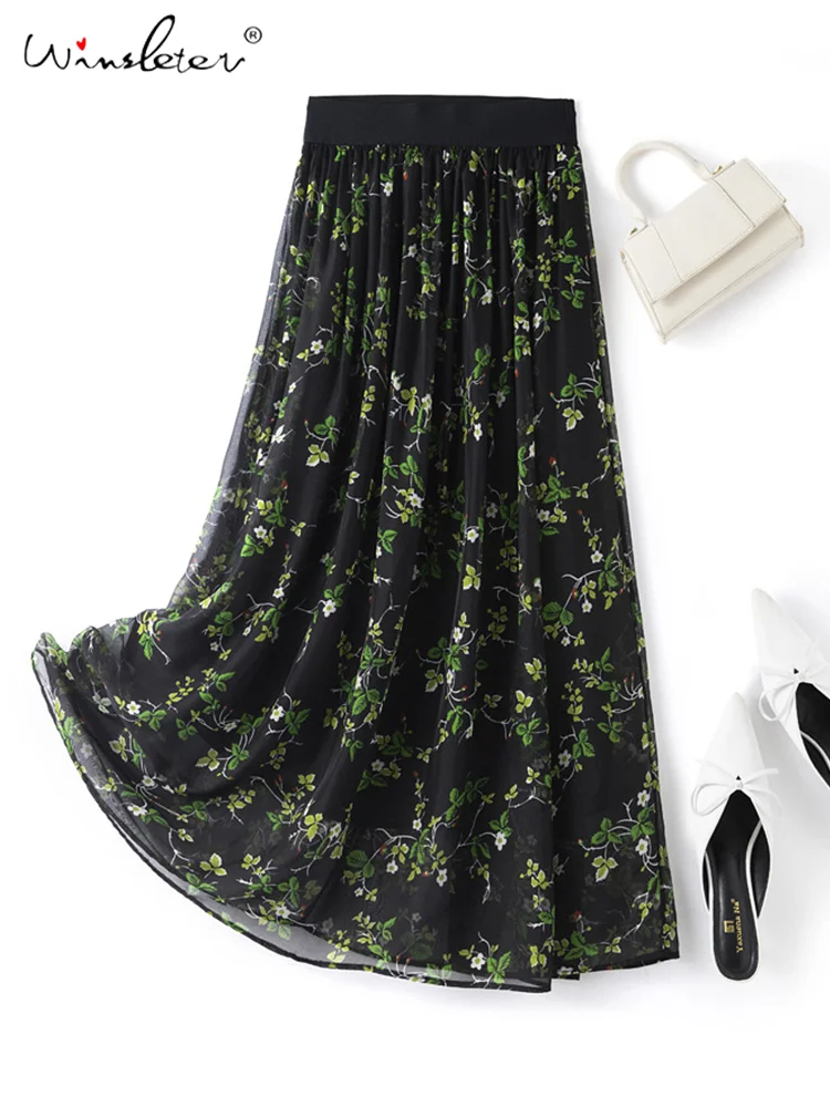 

Winsleter,85cm Summer 100%Natural Silk Skirts,Women Floral Printed High Waist,OL Office Beach Maxi Skirt,Summer New B36264JM