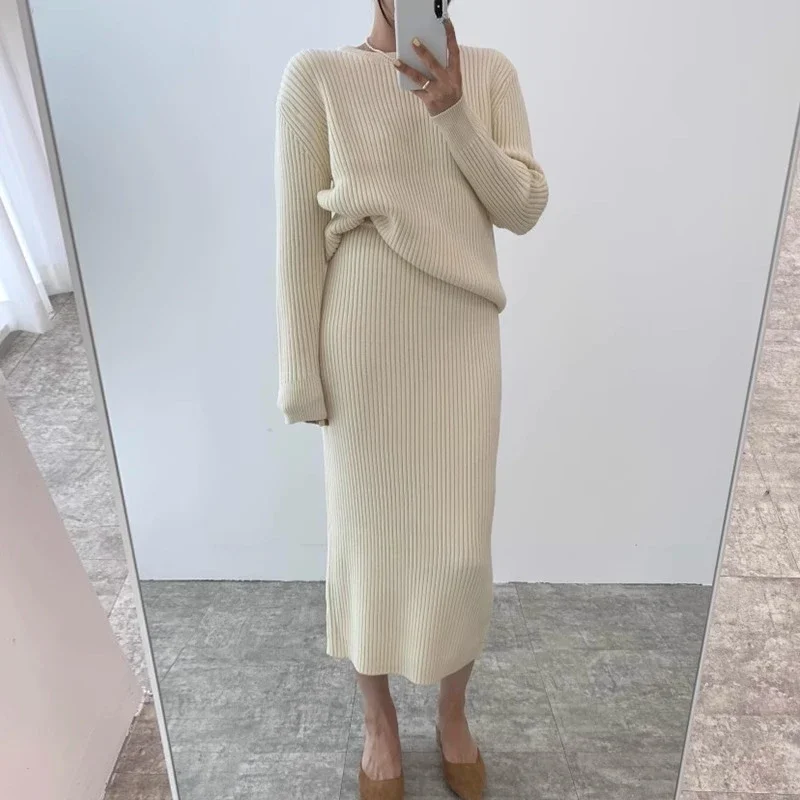 Neploe Korean Elegant O-neck Long Sleeve Knitted Sweaters+ Y2k High Waist Bodycon Skirts 2024 Autum New Two Piece Sets