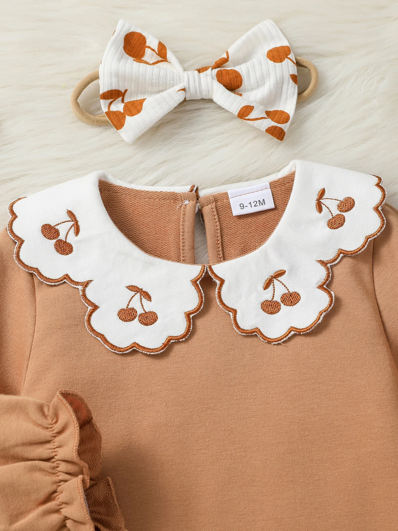 Baby Girl Honey  Fall Outfits Cherry Embroidered Doll Collar Long Sleeve Romper + Flare Pants For Newborn-18M 2Pcs Clothes Set