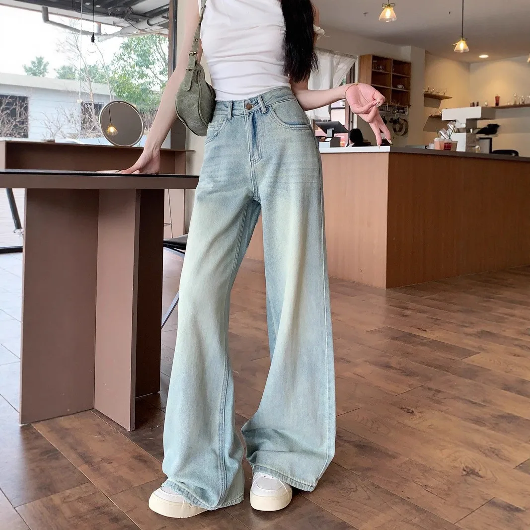 

High Waist Loose Fit Blue Washed Denim Jeans Women's Korean Style Retro Straight Leg Floor Length Pants Casual Wear