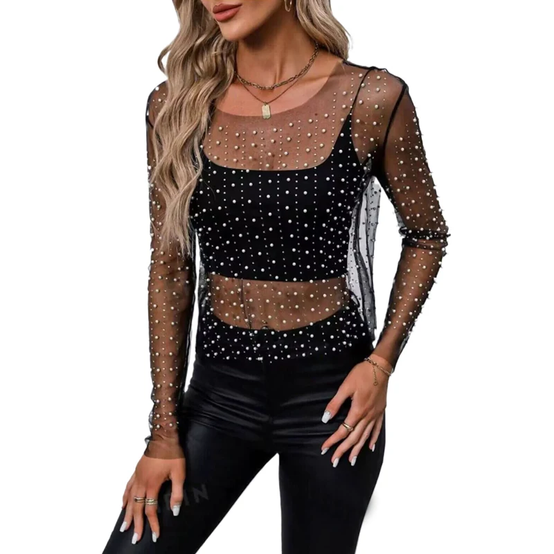 Damen Strass-Transparent-Netz-Top Funkelndes Perlen-Transparent-T-Shirt Bluse Sexy Clubwear Party Festival Rave Konzert Y2K Outfits – Detail 3