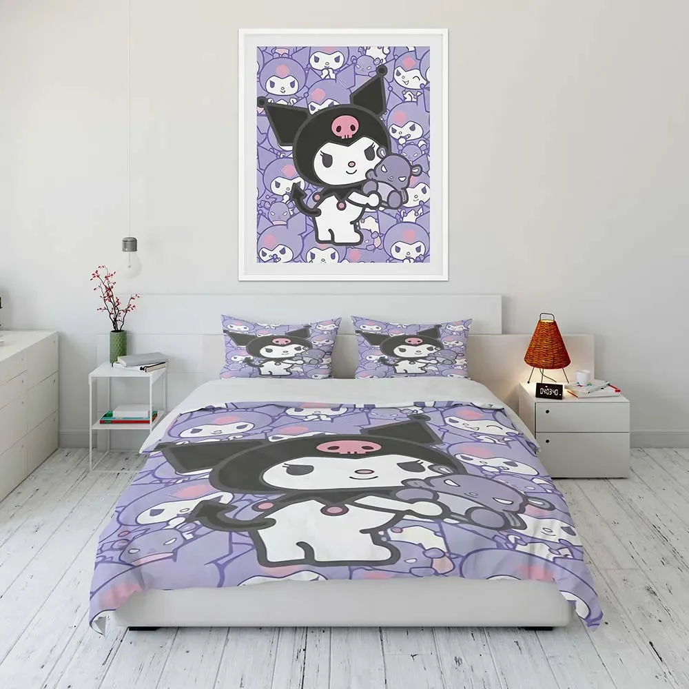 Sanrio Kuromi Hellowkitty Polyester Bed Cover Set 3d Children Bedding Set Twin Size Bedding Sets King Quilt Bed Comforter Set