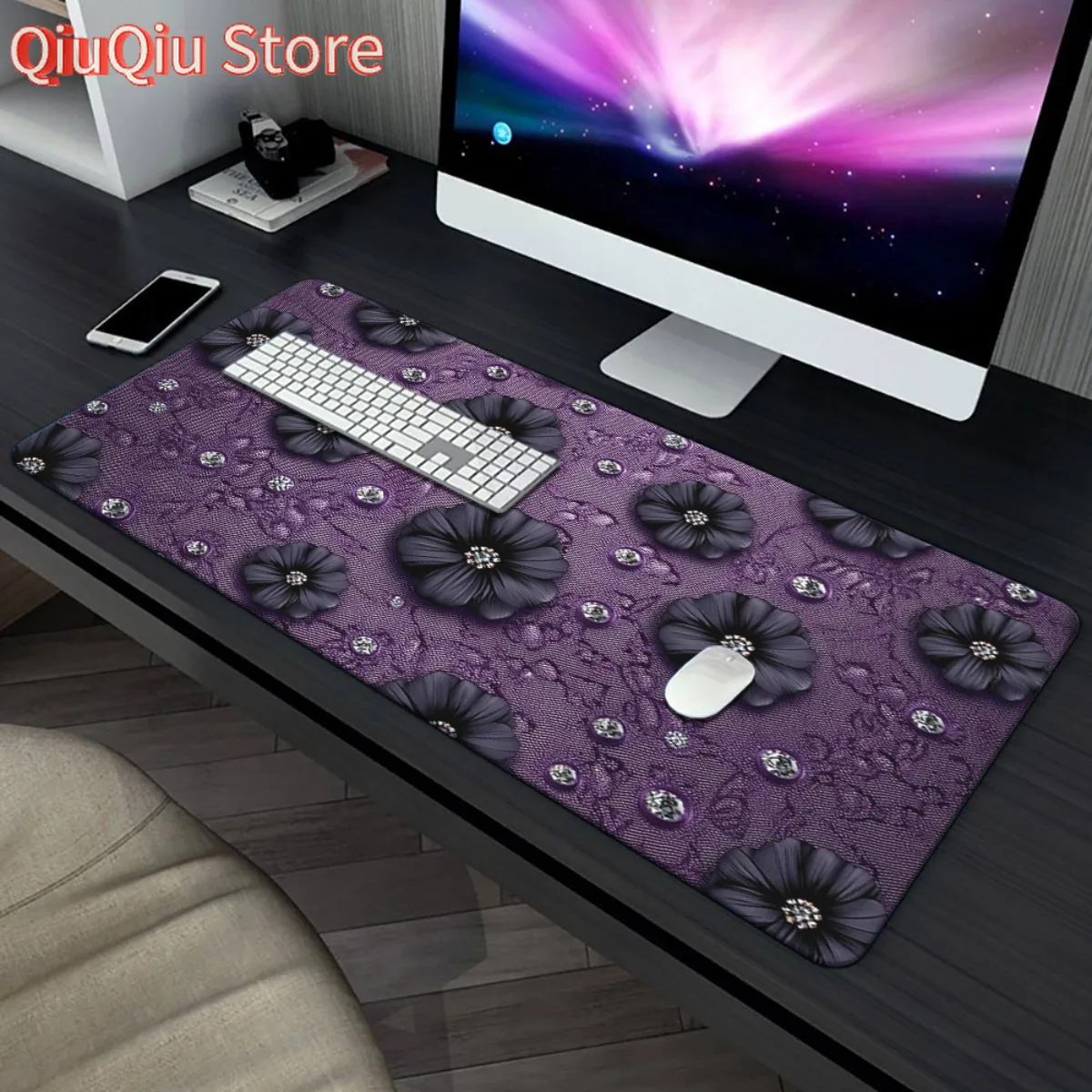 

1pc, Dark purple floral pattern with dewdrops HD Printed Pad for Desk, Multi Functional XXL Mousepad, Keyboard Gaming Mouse Mats