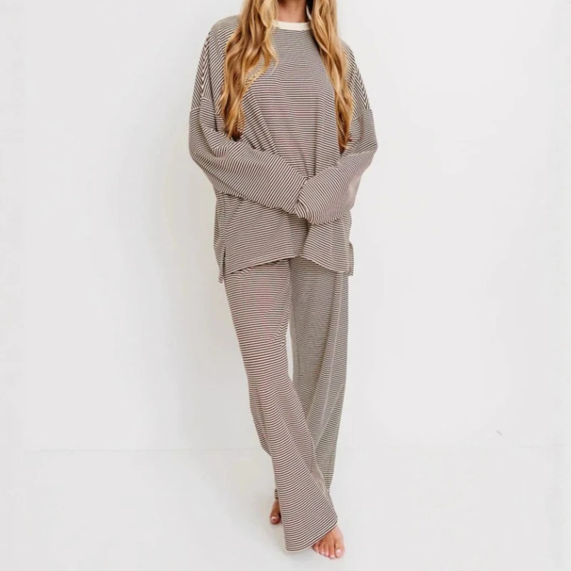 

Striped Print Pajamas Two-piece Set Women's Spring Autumn Fashion O-neck Loose Tops Pants Suits Ladies Casual Nighty Outfit