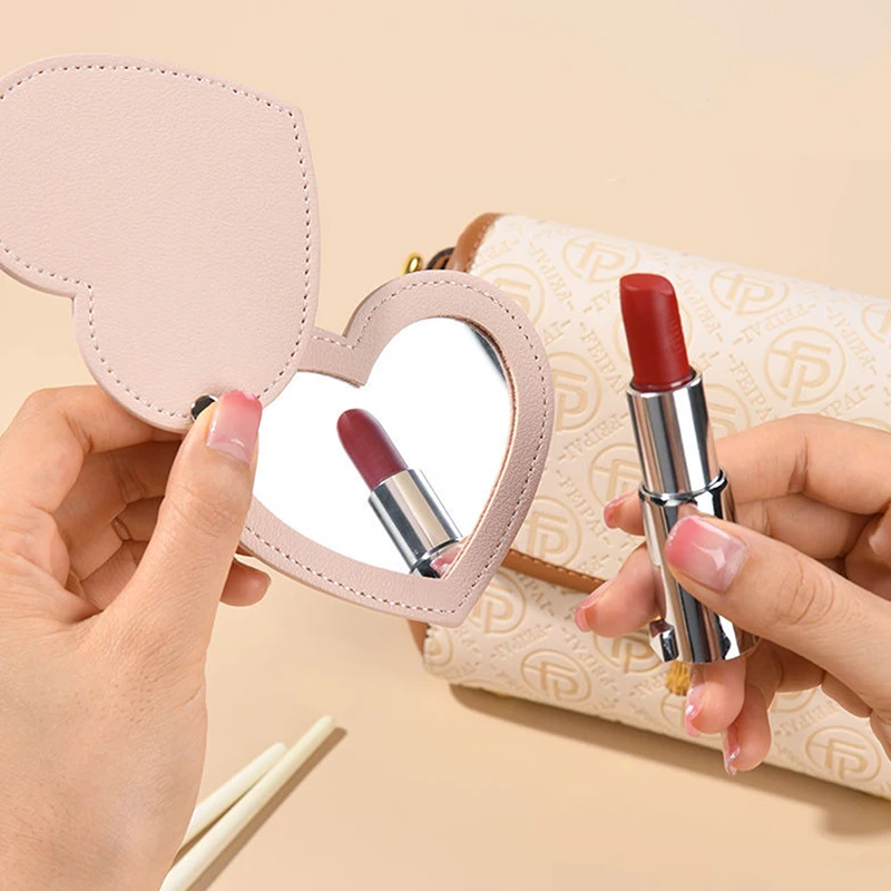 Mini Miroir de Maquillage en Forme de Cœur, Portable, PU, Cosmétique, Pliable, de Poche, Compact, Accessoires de Voyage