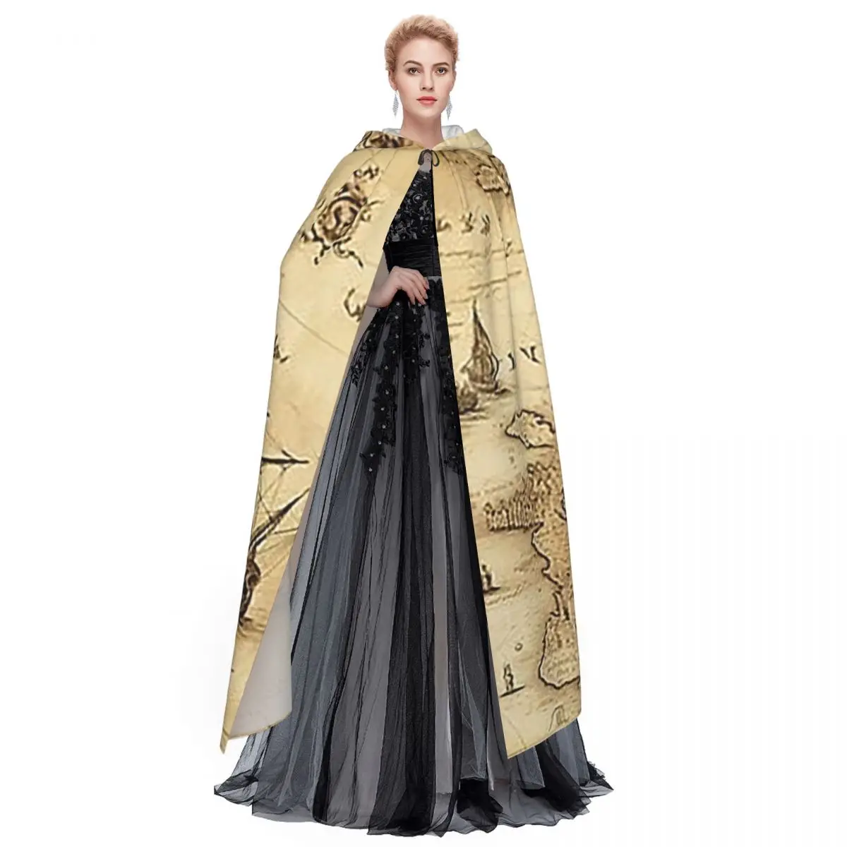 Vintage Pirats Map Pattern Long Hooded Cloak Witch Medieval Costume Cosplay Cape HalloweenVampire Adult Unisex