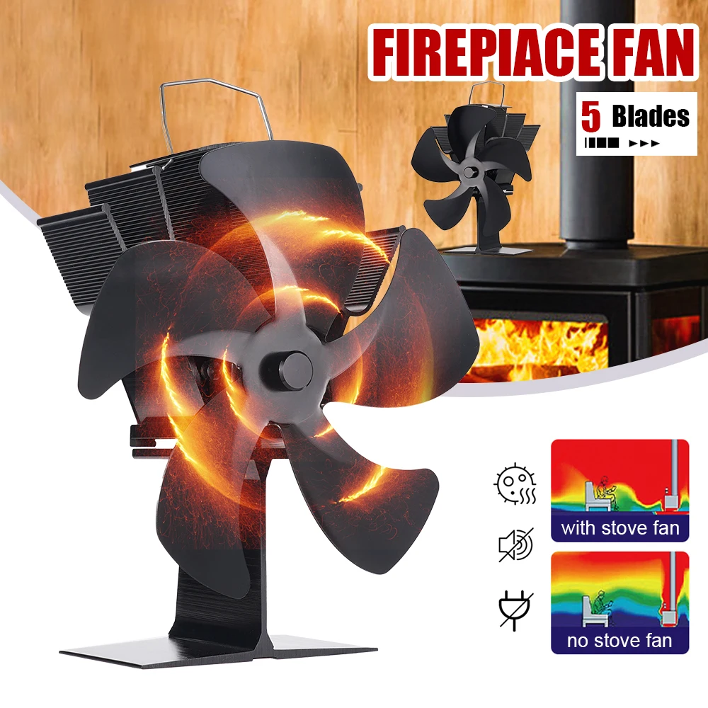 5 Blades Heat Powered Stove Fan Log Wood Burner Fireplace Fan Eco Quiet Winter Warm Heating Air Efficient Heat Distribution