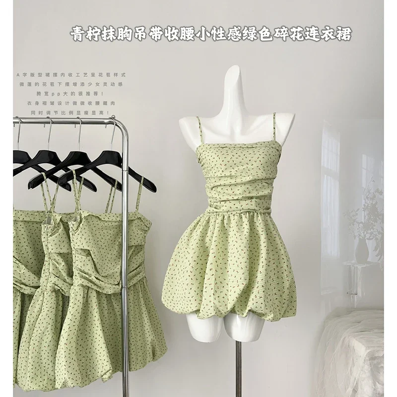 Sexy Green Floral Dress Party Vacation Basic Daily Mini Dress Causual Korean Fashion Sling Dress 2024 Summer Women Clothes