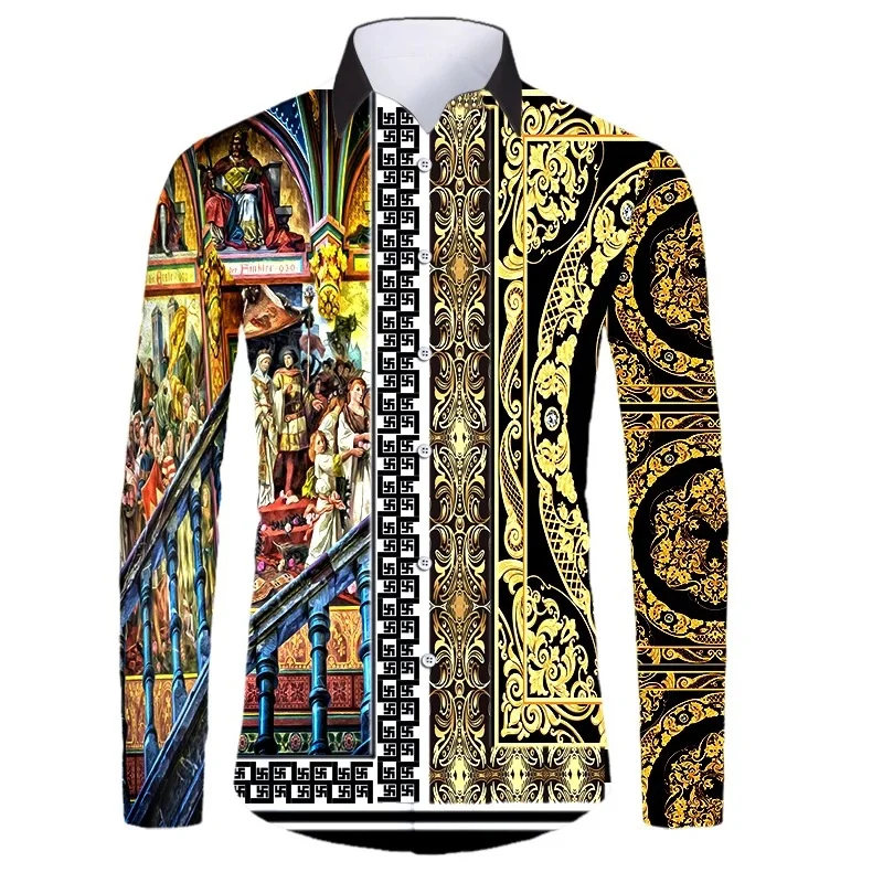 Athleisure High-end Luxury Gold Pattern 3D Printed Long Sleeve Button Down Shirt Men\'s Street Style Fashion Top Hip Hop Clothing