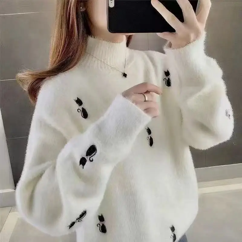 

Winter Woman Sweater 2024 Very Warm Embroidery Loose Half High Collar Thicken Panelled Long Sleeve Basic Knitted Pullovers Tops