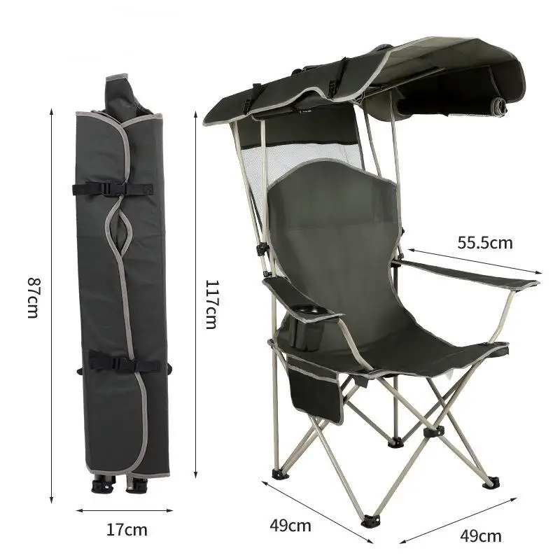Foldable Outdoor Chair With Canopy, Portable Recliner, Sunshade Armchair For Beach, Barbecue, Fishing & Daily Leisure