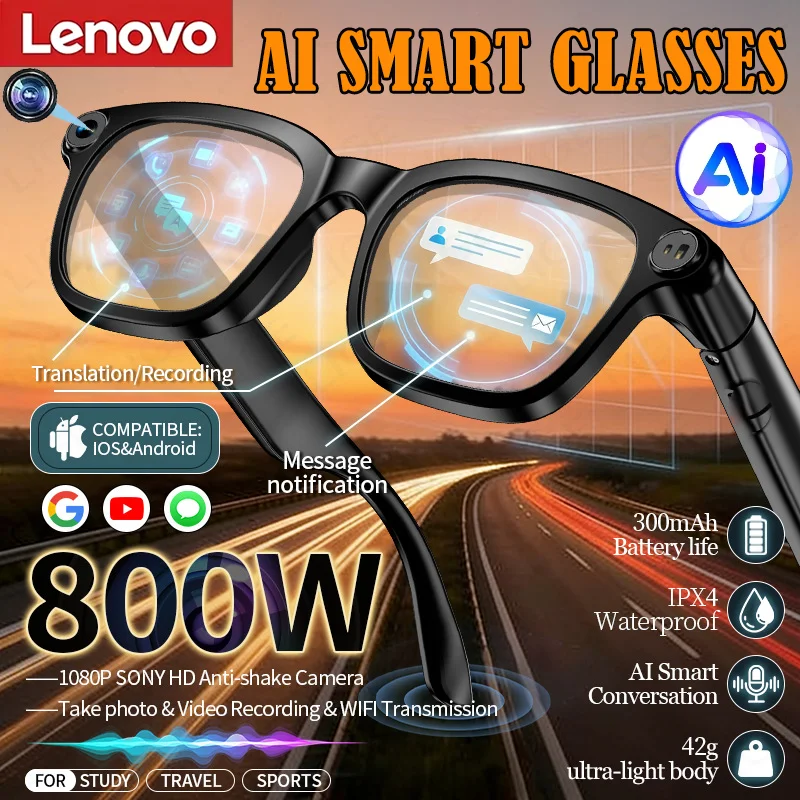 레노버 AI 스마트 선글라스 8MP 8K HD 카메라 블루투스 음악 오디오 언어 번역 AI 웨이크업 스마트 안경 (여성/남성용)