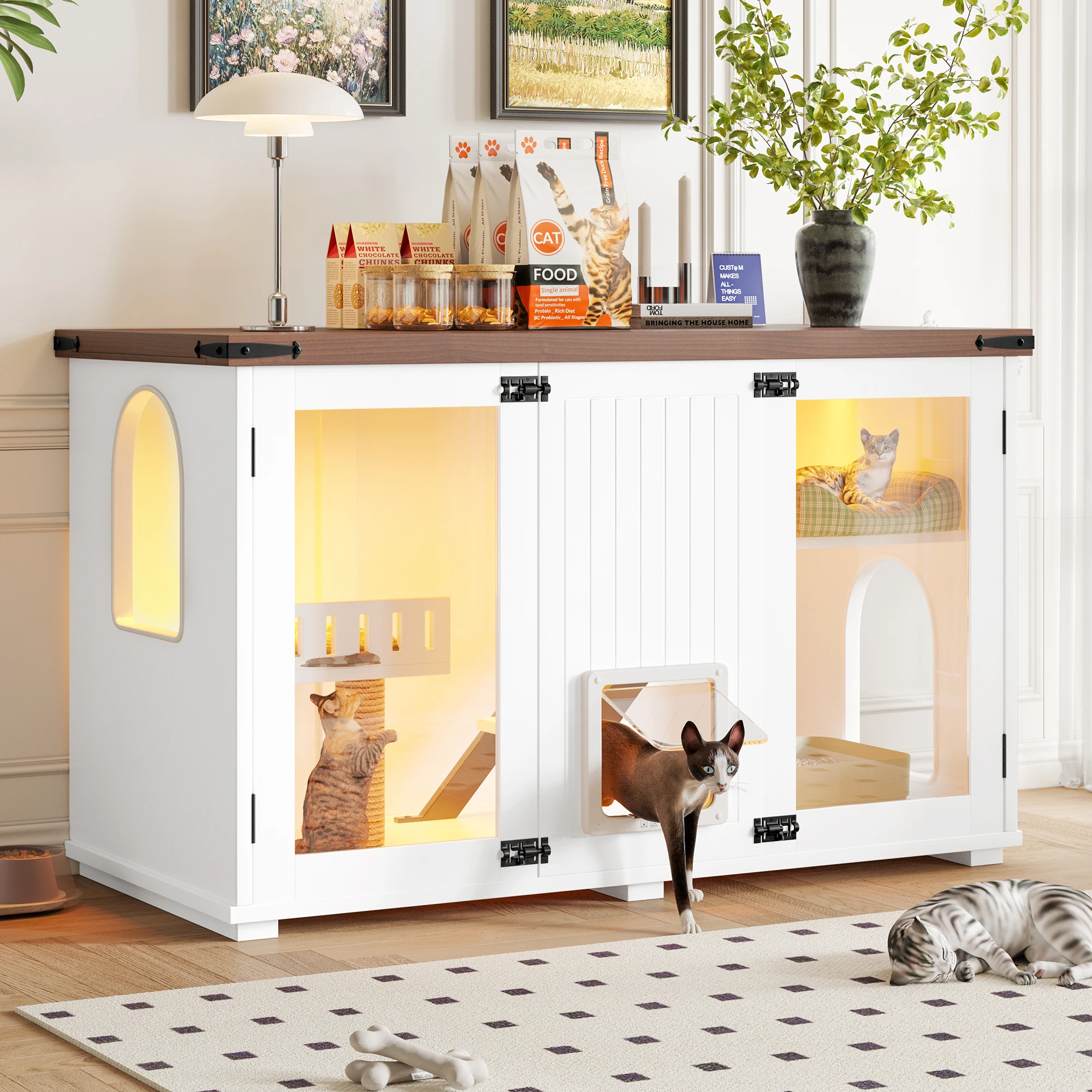 White Large Cat Litter Box Enclosure LED Light Hidden Cat House Furniture Stairs Scratching Post Smart Locking Door Waterproof