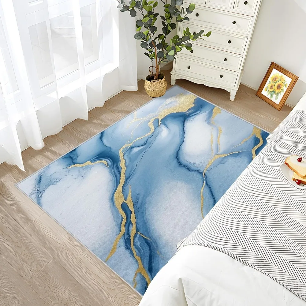 Роскошный абстрактный современный ковер белого, синего и золотого цвета для гостиной — ковер с мраморным рисунком 6x8