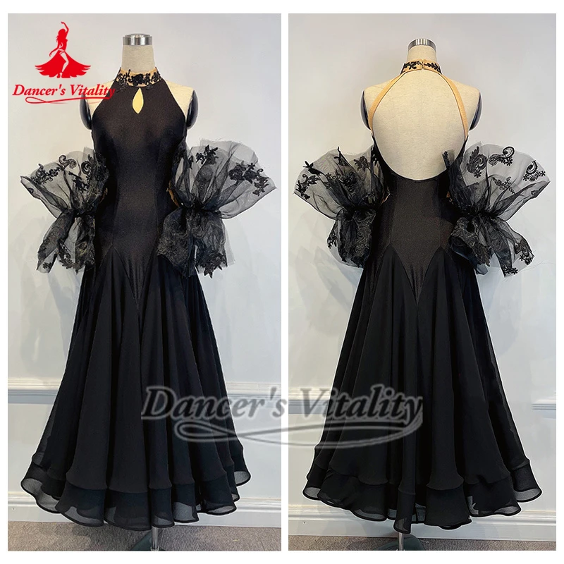 

Фокстрот, вальс, танго, тренировочный класс, одежда для выступлений и практики, черное платье с высоким воротником для бальных танцев, жоржет, большое свободное платье