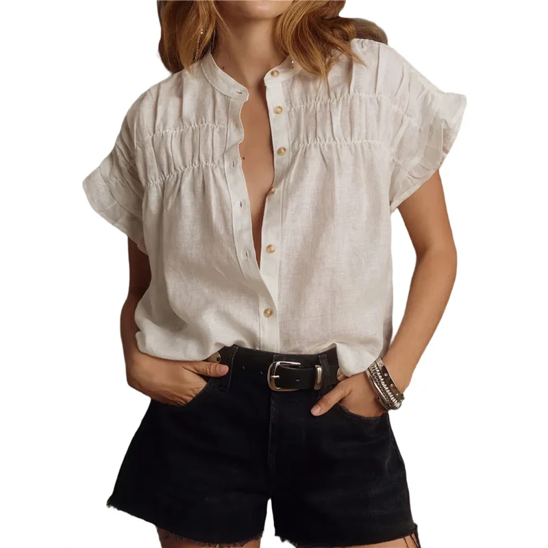

CGS-Womens 2025 Button Down Shirts Ruffle Short Sleeve Loose Summer Tops Dressy Casual V Neck Business Work Blouses
