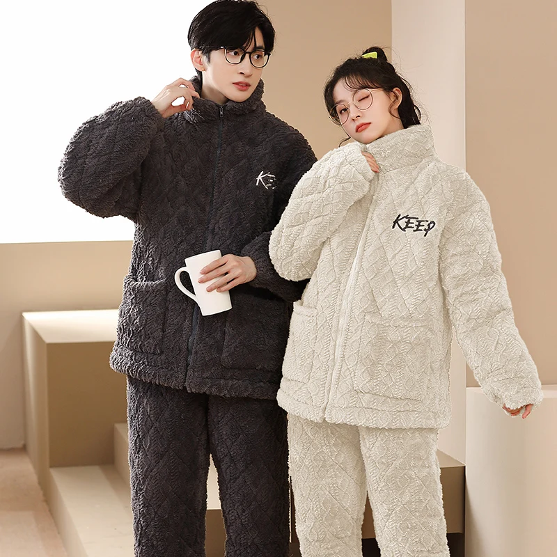 

Winter Nightwear Couple Flannel Warm Men's Pijamas Turn-down Collar Women Pyjamas Male Female 3 Layers Cotton Home Suit