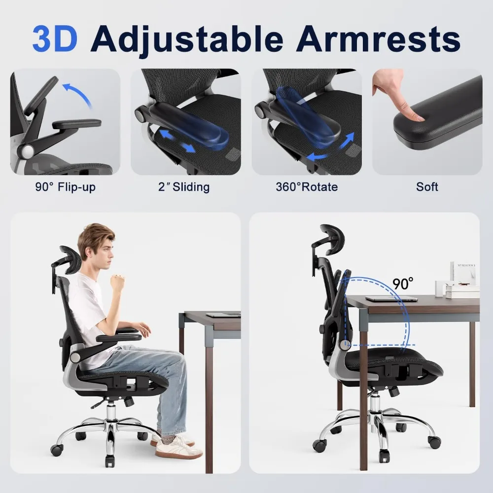 Ergonomic Office Chair，Mesh Seat Cushion with 3D Armrests and 3D Headrest, Adjustable Lumbar Support with Rocking Function, SGS