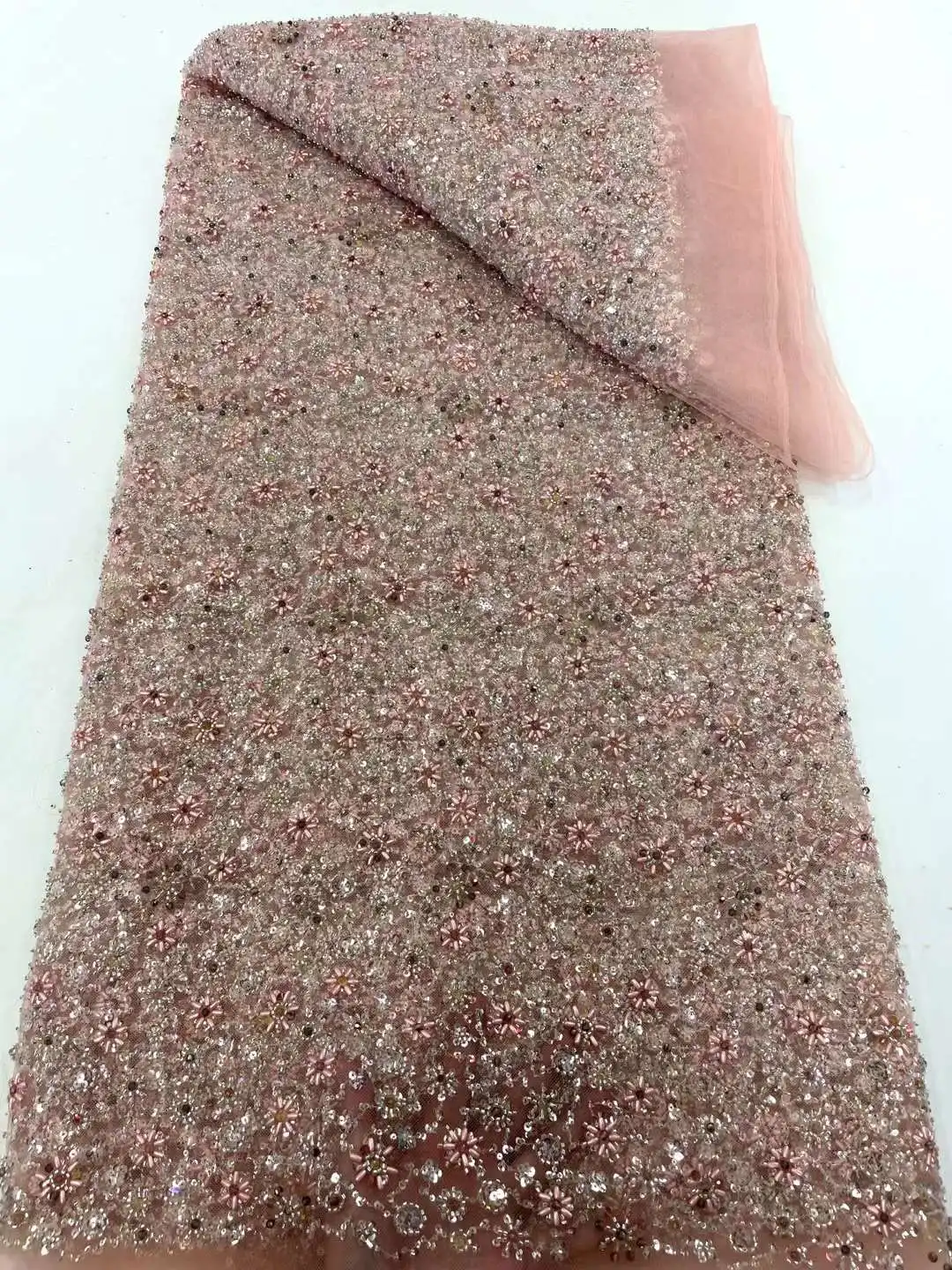 African Luxury Sequins Beaded Lace Fabrics for Wedding Sewing, Nigerian Embroidery, High Quality, 5 Yards, 2024 XC80KM-16