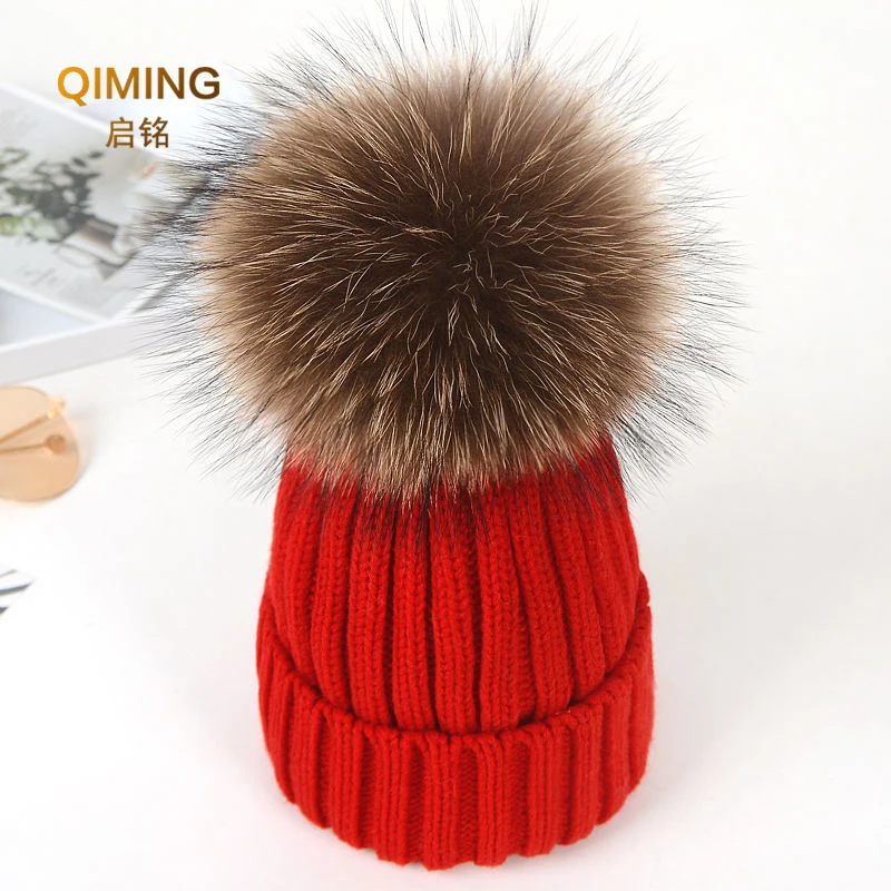 Children Real Raccoon Fur Ball Hats Knitted Hat Children Keep Warm Winter Hats for Women Knit Beanies Cap Fur PomPom Caps Girl