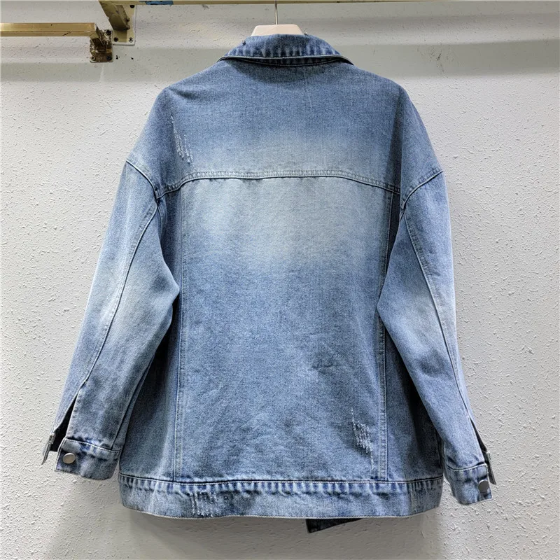 Heavy Industry Beads Diamond-Embedded Denim Coat Female 2024 Spring Autumn Street Style Loose Long Sleeve Denim Jacket Women