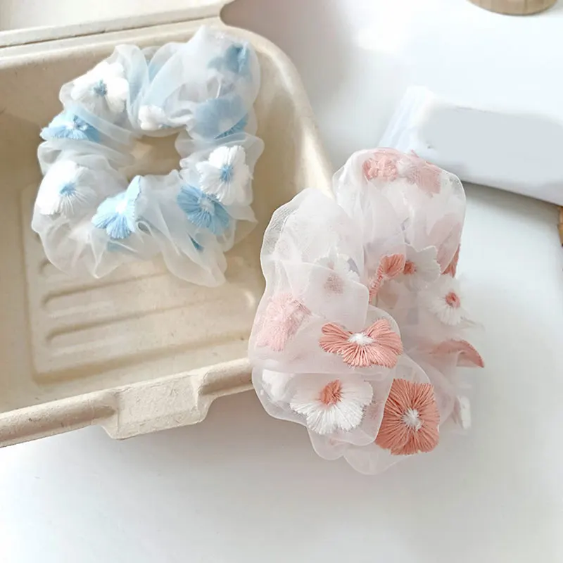 Sweet Embroidery Flowers Hair Tie Scrunchies Organza Pink Blue Mesh Hair Rope Women Transparent Tulle Organza Hair Accessories