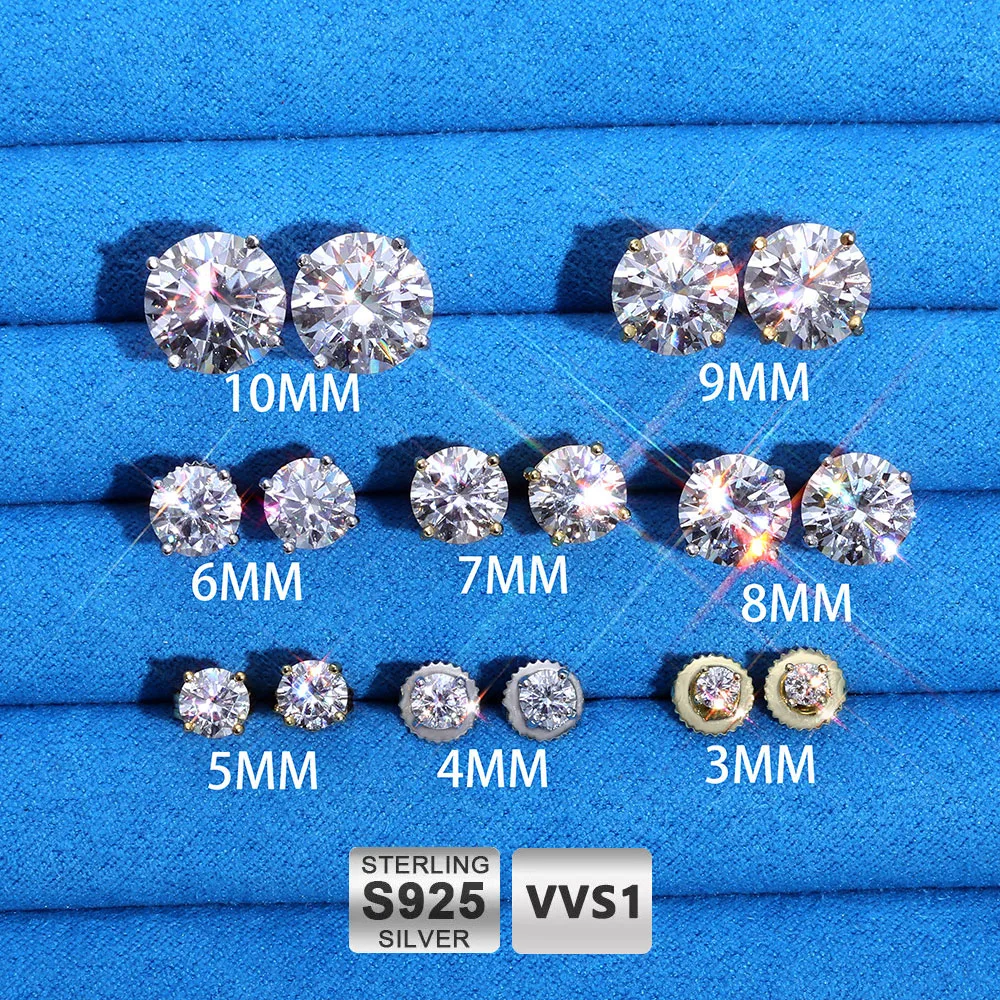 HHIOK 3/4/5/6/7/8/10MM Width Moissanite Earring 925 Sterling Silver Classic Simple Style Push Back Studs Ear Wedding Gift