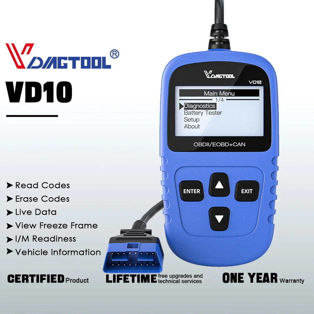 VDIAGTOOL VD10 OBDII Scanner Turn Off Engine Light Code Reader Smog Check Car Diagnostic Tool DTC Lookup Lifetime Free Update