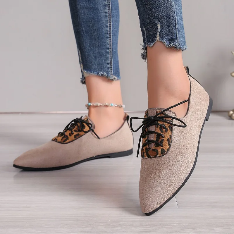 Women's Fashion Low Heel Shoes Autumn New Pointed Head Suede Front Lacing Soft Sole Anti-slip Wear-resistant Low Top Shoes