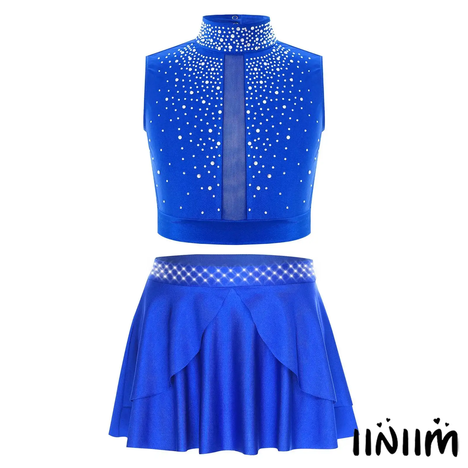 ‌ Tenue de danse contemporaine en strass pour filles, haut arrière avec trou de serrure et jupe à ourlet irrégulier, slip intégré pour spectacle de jazz latin