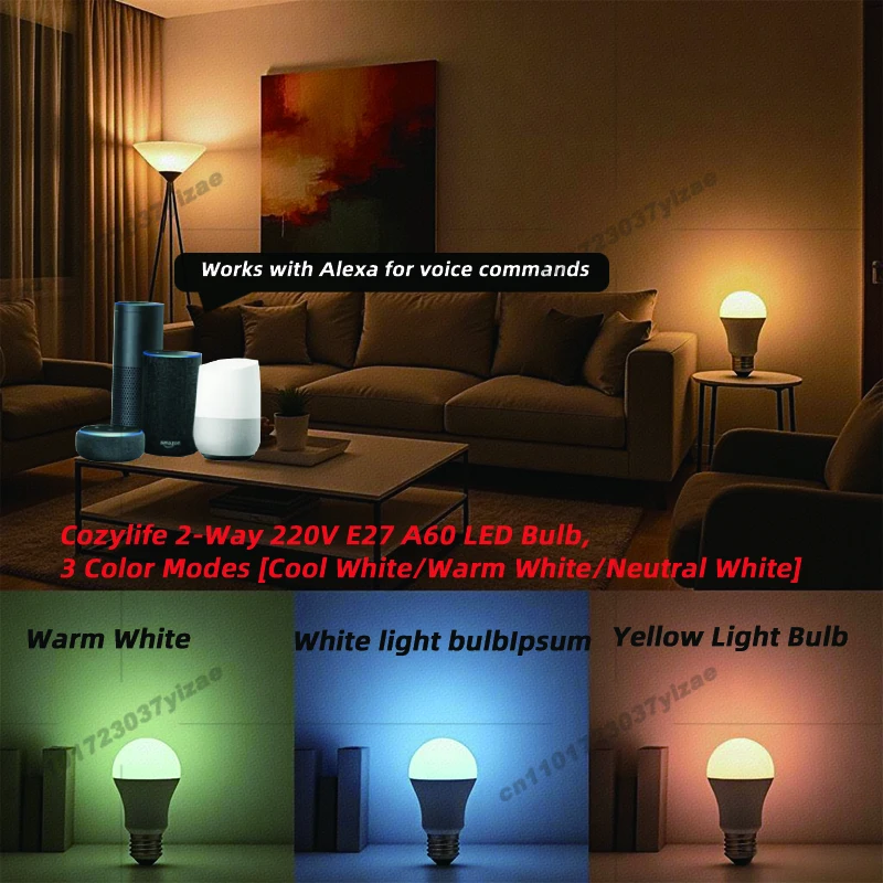Cozylife Smart 2-Way Control 220V E27 A60 LED Bulb, 3 Color Modes [White/Warm/Neutral], Wi-Fi Voice Control Compatible withAlexa