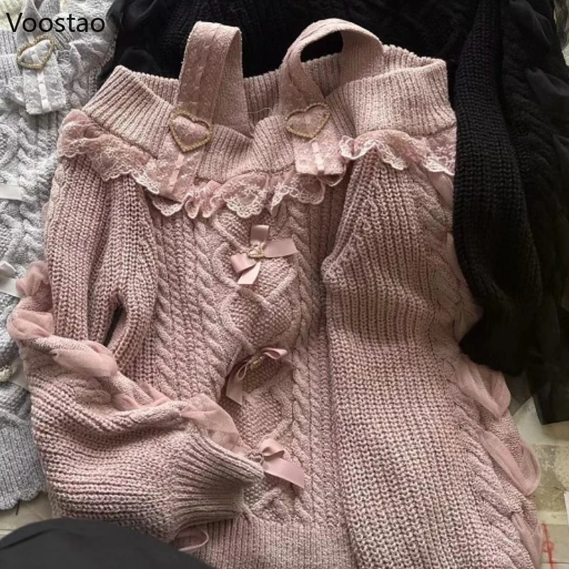 Japanese Cute Lolita Style Knitted Pullover Autumn Women Sweet Hearts Buckle Off Shoulder Lace Bow Sweater Girls Vintage Tops