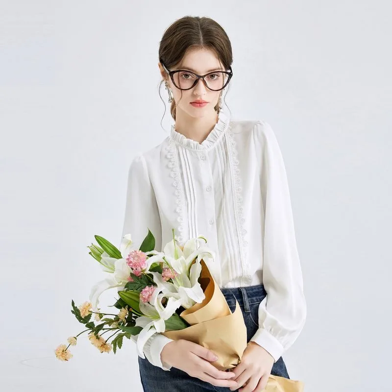 

Women's French Style Ruffled Collar Shirt Pure Desire Commute Long Sleeve Elegant Blouse Top For Fall