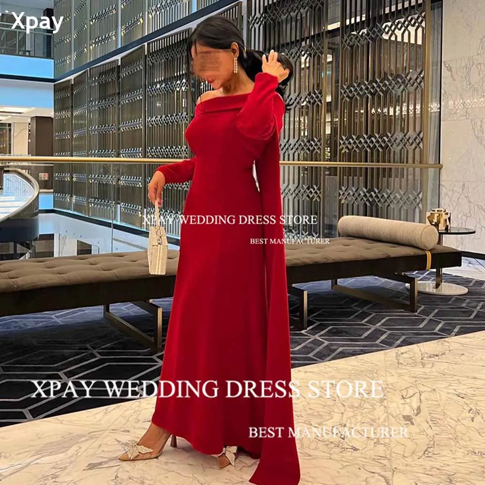 

XPAY Off Shoulder Red Mermaid Evening Dresses Saudi Arabic Pleat Long Sleeves Prom Gown Soft Satin Special Occasion Party Dress