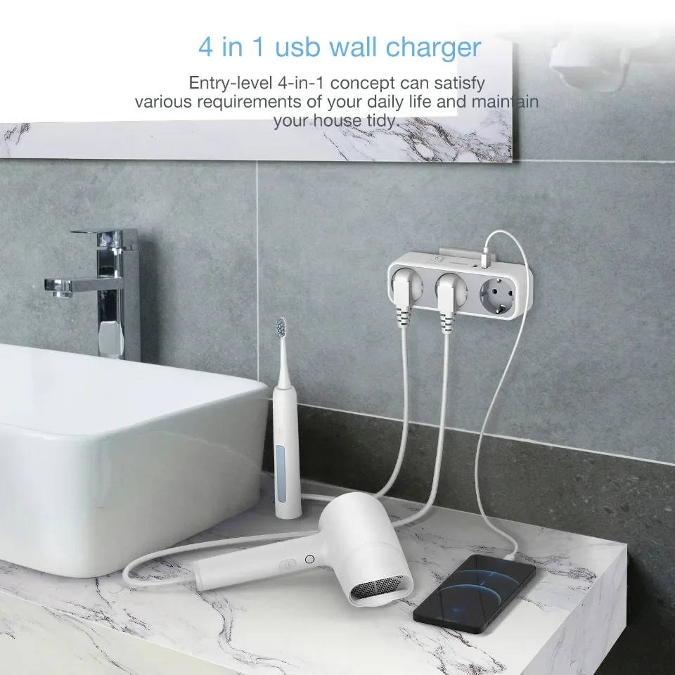 TESSAN Enchufe de pared UE con interruptor Protección contra sobrecarga Adaptador de enchufe múltiple Mini extensor con 3 salidas de CA 2 USB
